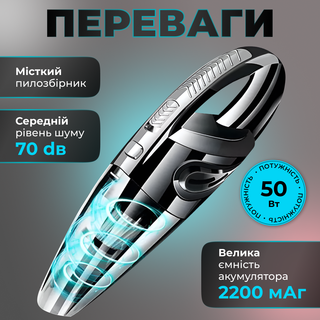 Автомобильный пылесос вакуумный ручной на аккумуляторе (234566934) - фото 3