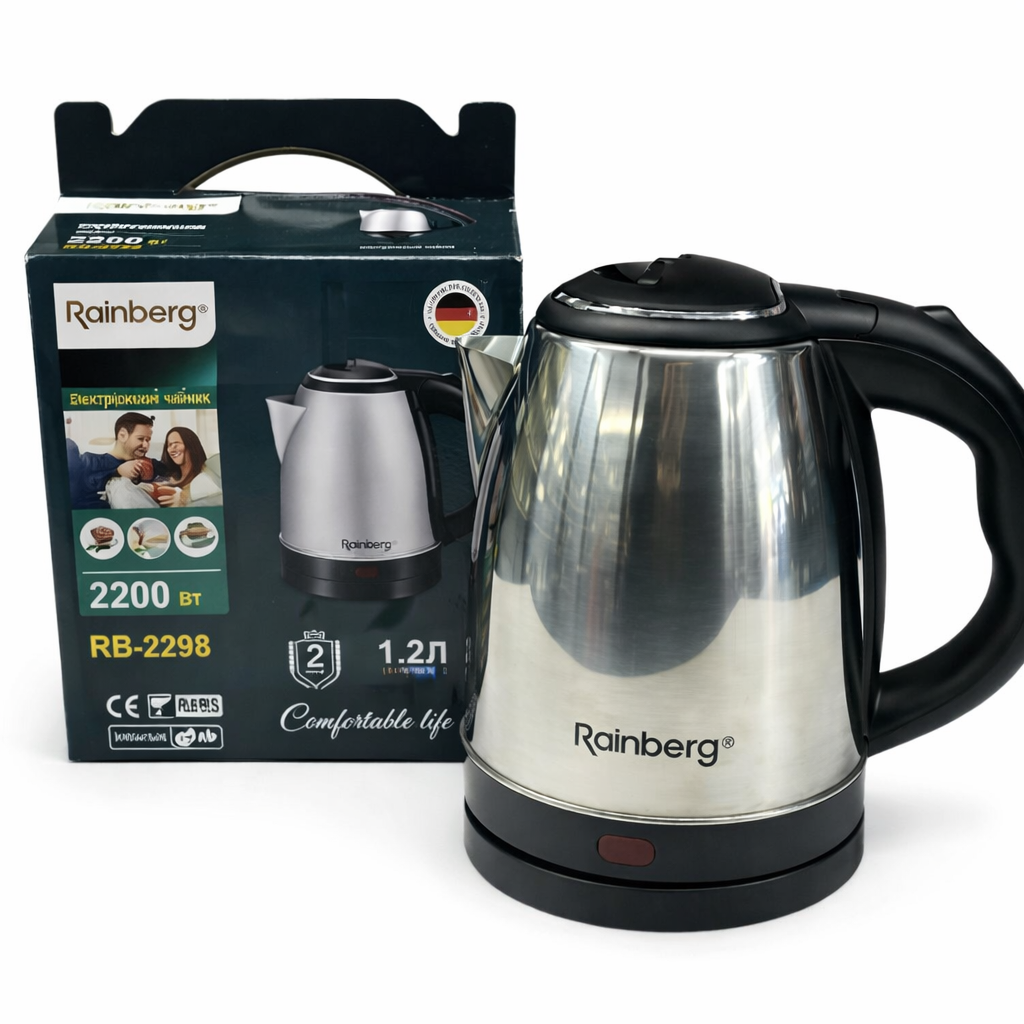 Електрочайник дисковий Rainberg RB-2298 з нержавіючої сталі 1,2 л 2200 Вт (33003681)
