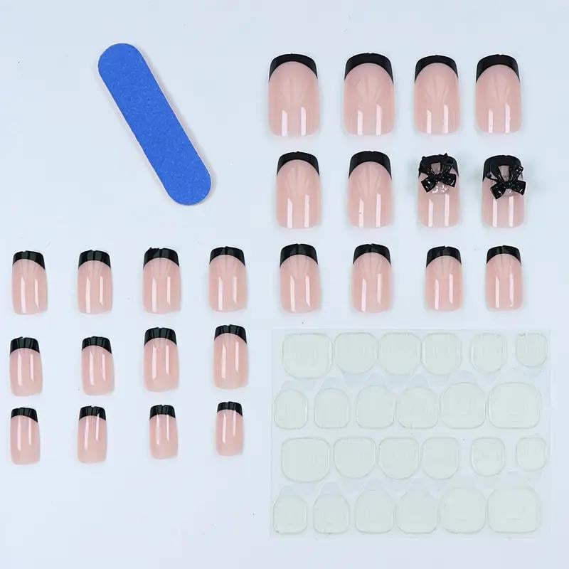 Накладные ногти Френч с 3D бантиком короткий квадрат с клеевыми пластинами 24 шт. Черный с бежевым (2689612579) - фото 5