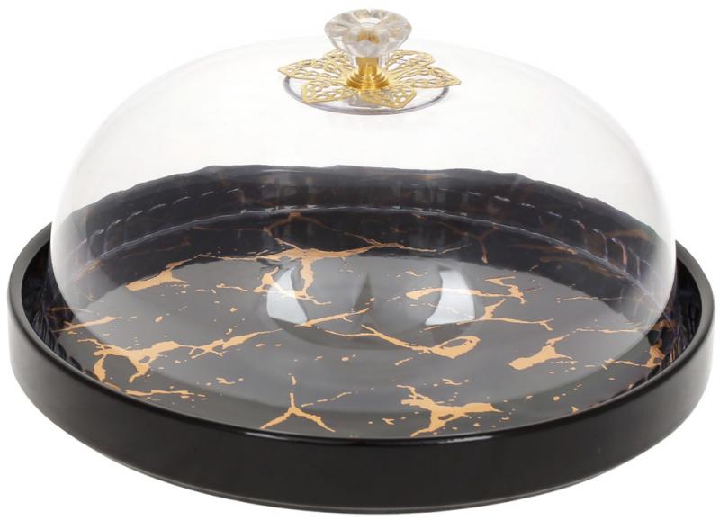 Блюдо-тортовница фарфоровое Мраморная Роскошь Ø 25 см с колпаком Черный мрамор (BD-954-502)