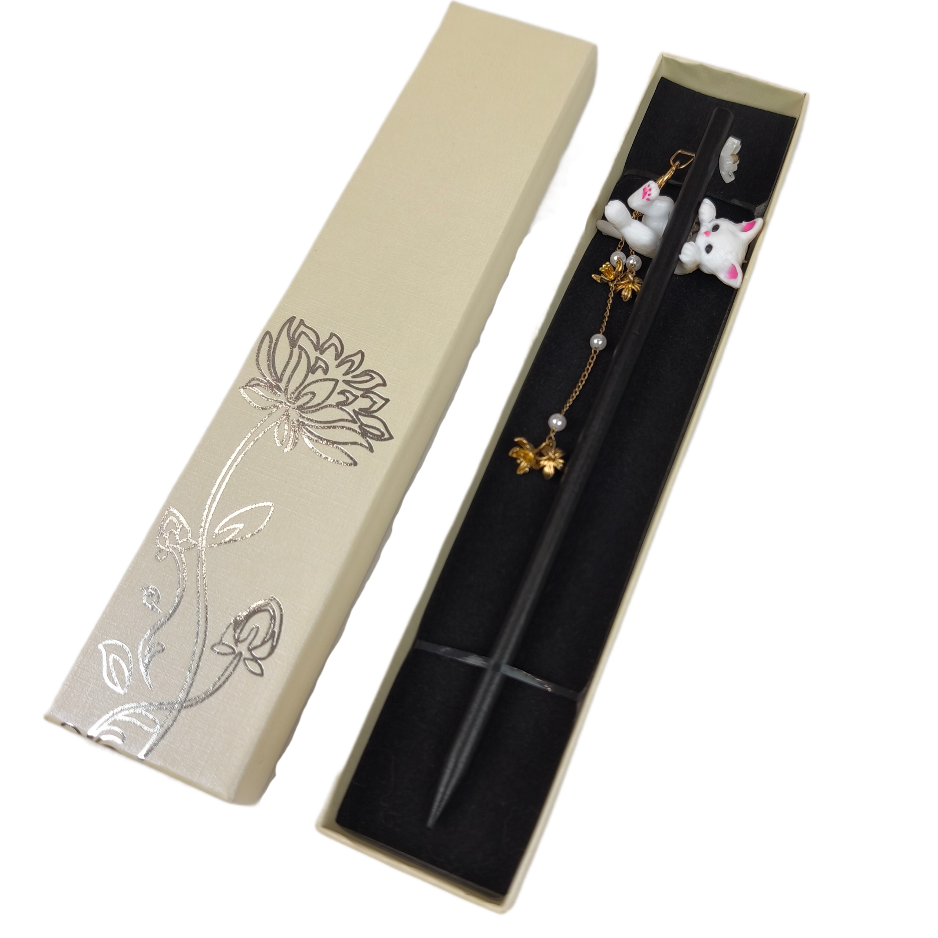 Шпилька-палочка для волос Котик китайский стиль деревянная в подарочной коробке Черный (R8109)