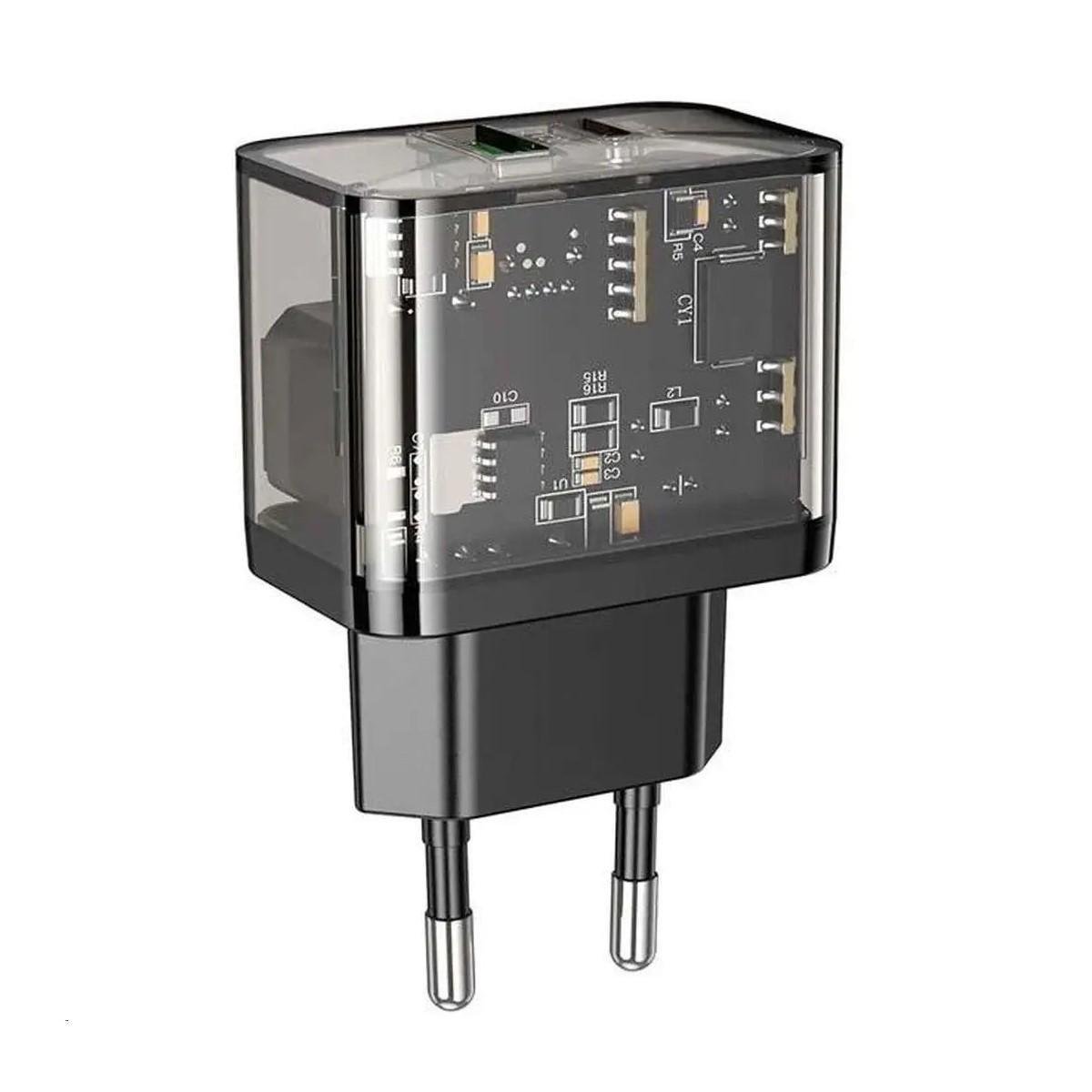 Зарядний пристрій для Hoco N34 Dazzling dual-port PD20W+QC3.0 charger Transparent Black (6931474799166)