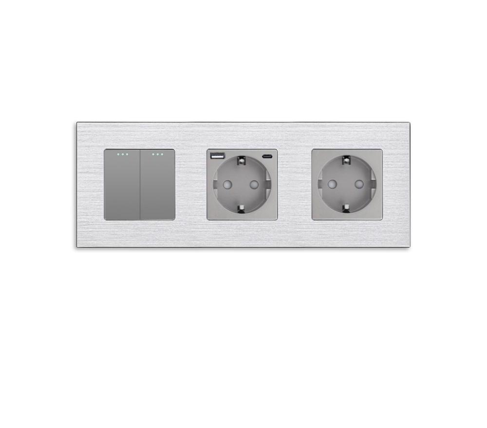 Выключатель проходной универсальный WALLPAD 2-клавишный с розеткой USB A+C 20Вт с заземлением алюминий Серый
