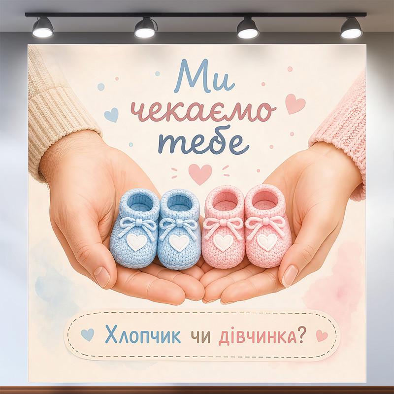 Баннер для праздника Мы ждем тебя с детскими пинетками в руках 200x200см, №48532 Баннер для праздника Мы ждем тебя с детскими пинетками в руках 200x200см, №48532