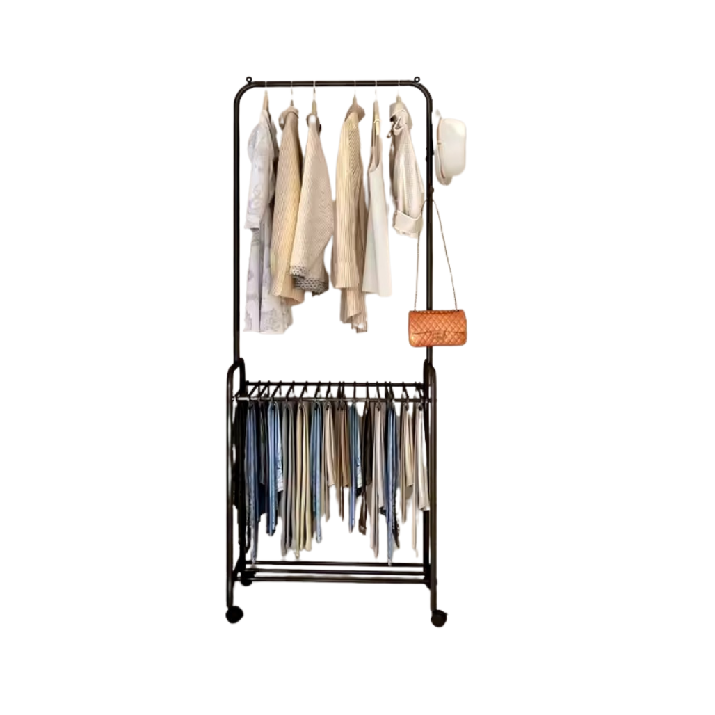 Стелаж вішалка для одягу штанів взуття та аксесуарів пересувний з поперечиною для тремпелів Чорний