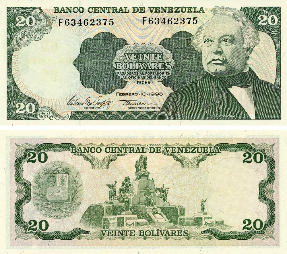 Коллекционная банкнота Венесуэла 20 боливар 1998 UNC (P63f)