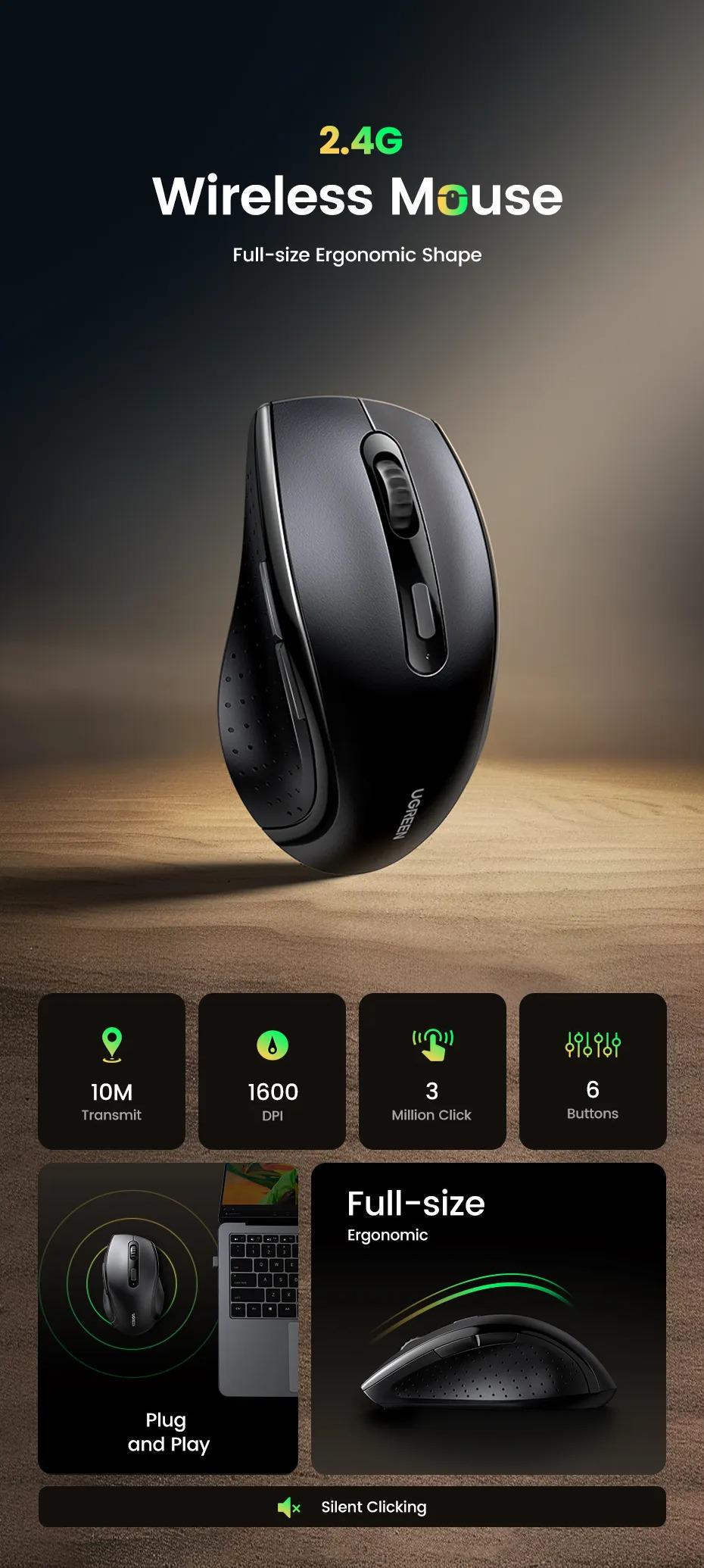 Мышь беспроводная UGREEN эргономичная 1600 DPI 2.4 ГГц Черный (45012) - фото 2 Мышь беспроводная UGREEN эргономичная 1600 DPI 2.4 ГГц Черный (45012) - фото 2