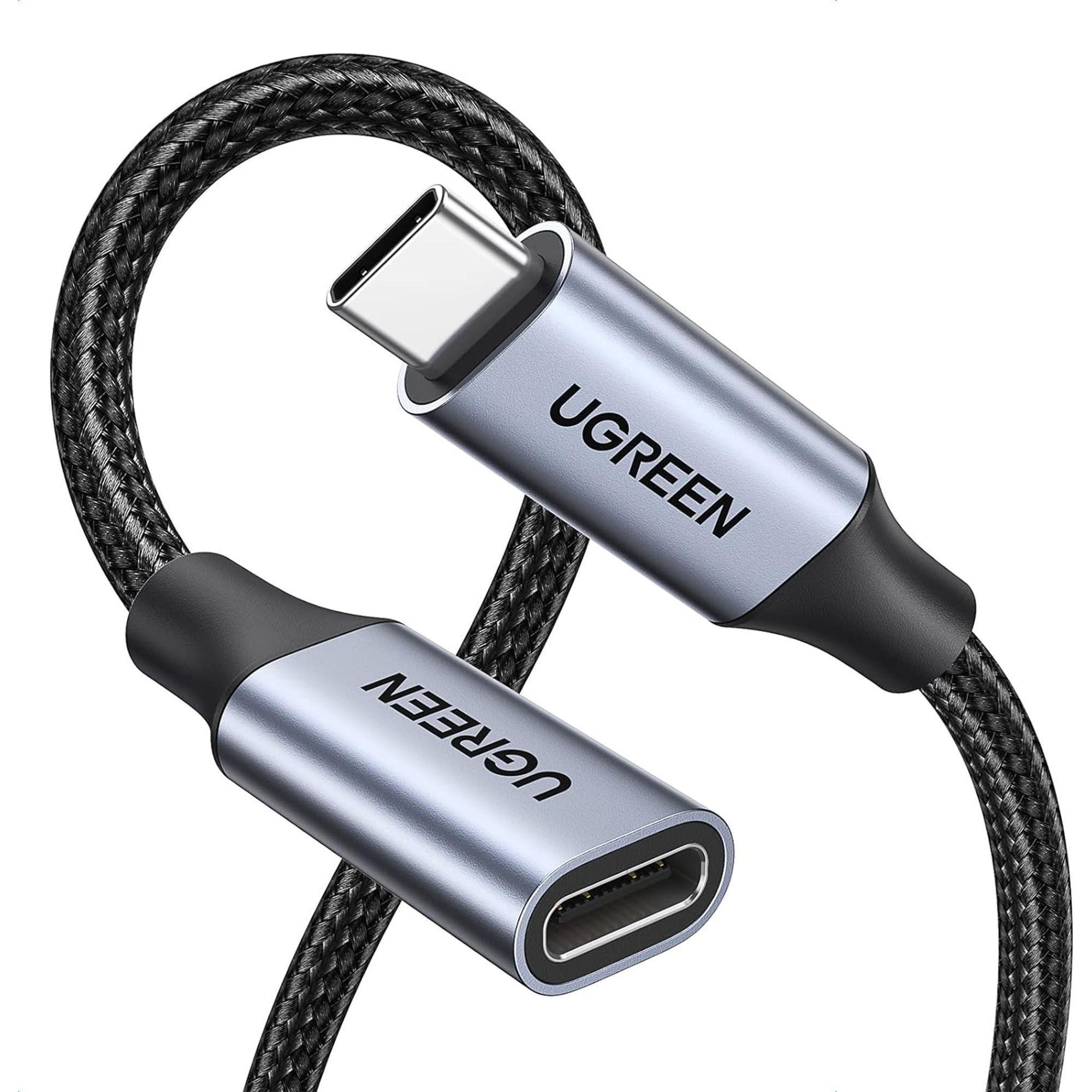 Кабель UGREEN USB-C 3.1 Gen 2 10 Гбит/с 100W 5A/20V 4K 60Гц USB-C папа на USB Type-C мама нейлоновое оплетение 1 м Черный (30205)