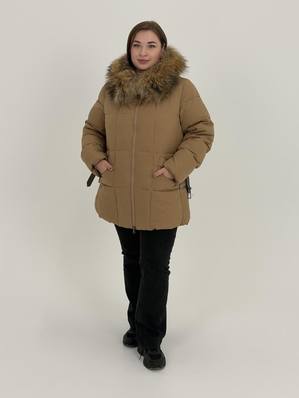 Пуховик женский под пояс с натуральным мехом енота XL Бежевый (50662/XL)