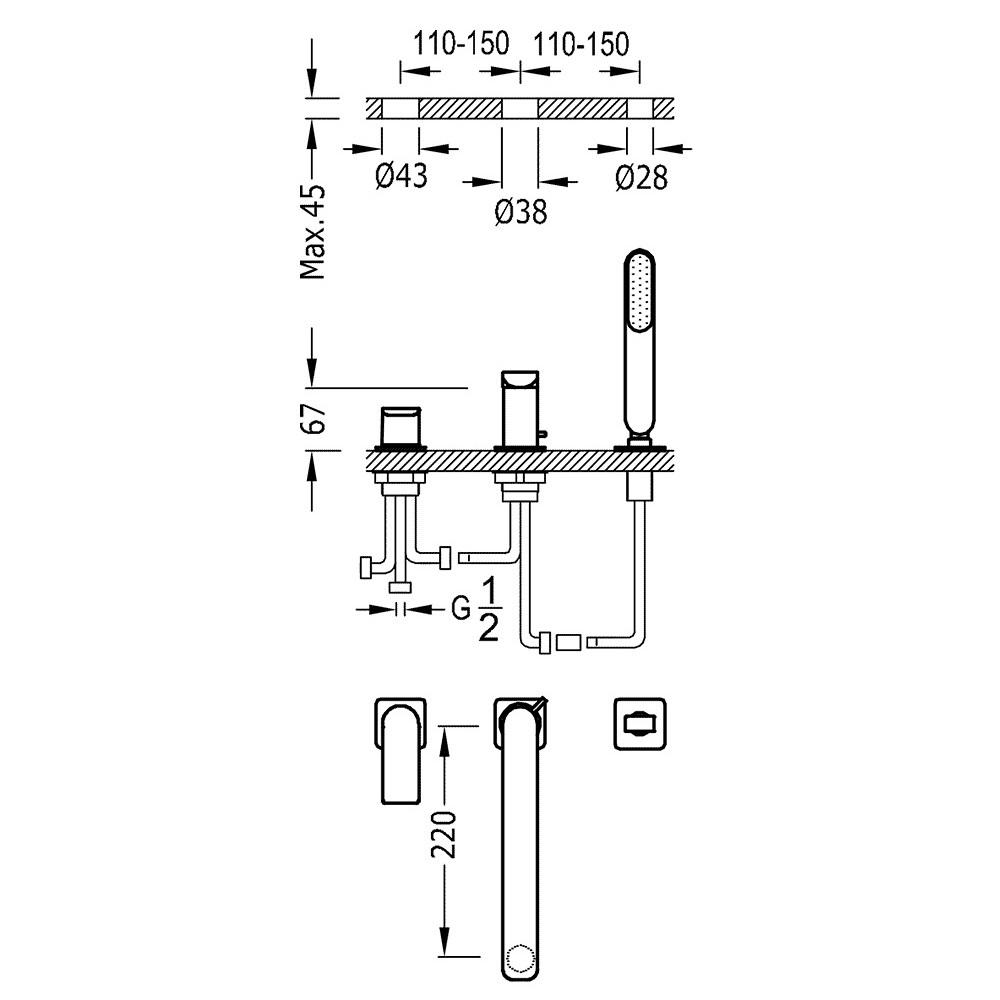 Змішувач на борт ванни Tres Loft 20016201NM на три отвори Чорний (147791) - фото 2 Змішувач на борт ванни Tres Loft 20016201NM на три отвори Чорний (147791) - фото 2