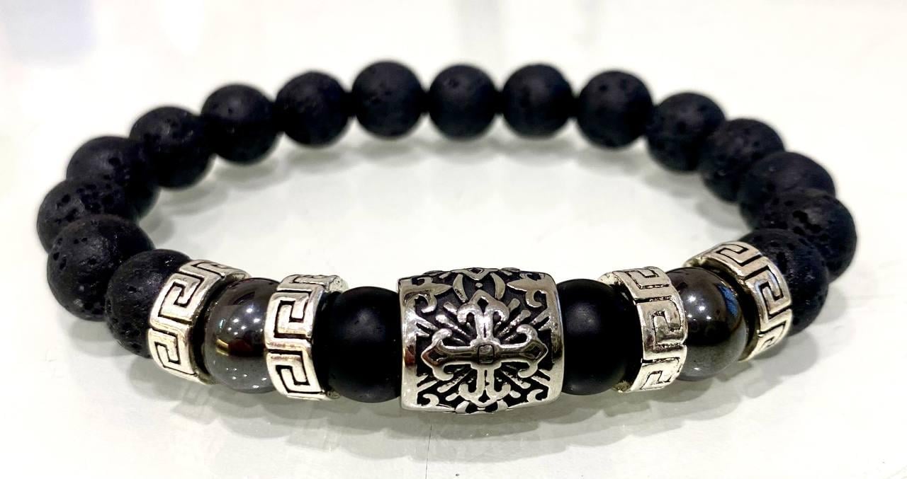 Браслет LITAURS из натурального камня лавовый камень/гематит/оникс и металлическими вставками L 18-21 см (241201-1)