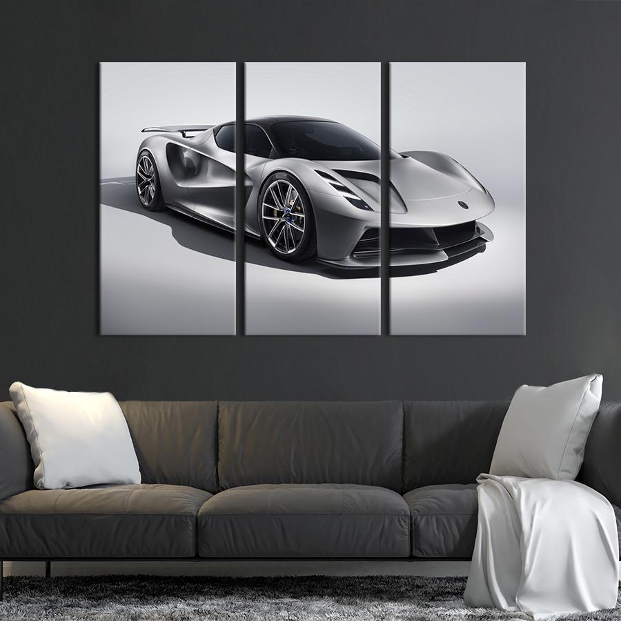 Картина на холсте триптих Серебристый гиперкар Lotus Evija 128x81 см (1346-31)