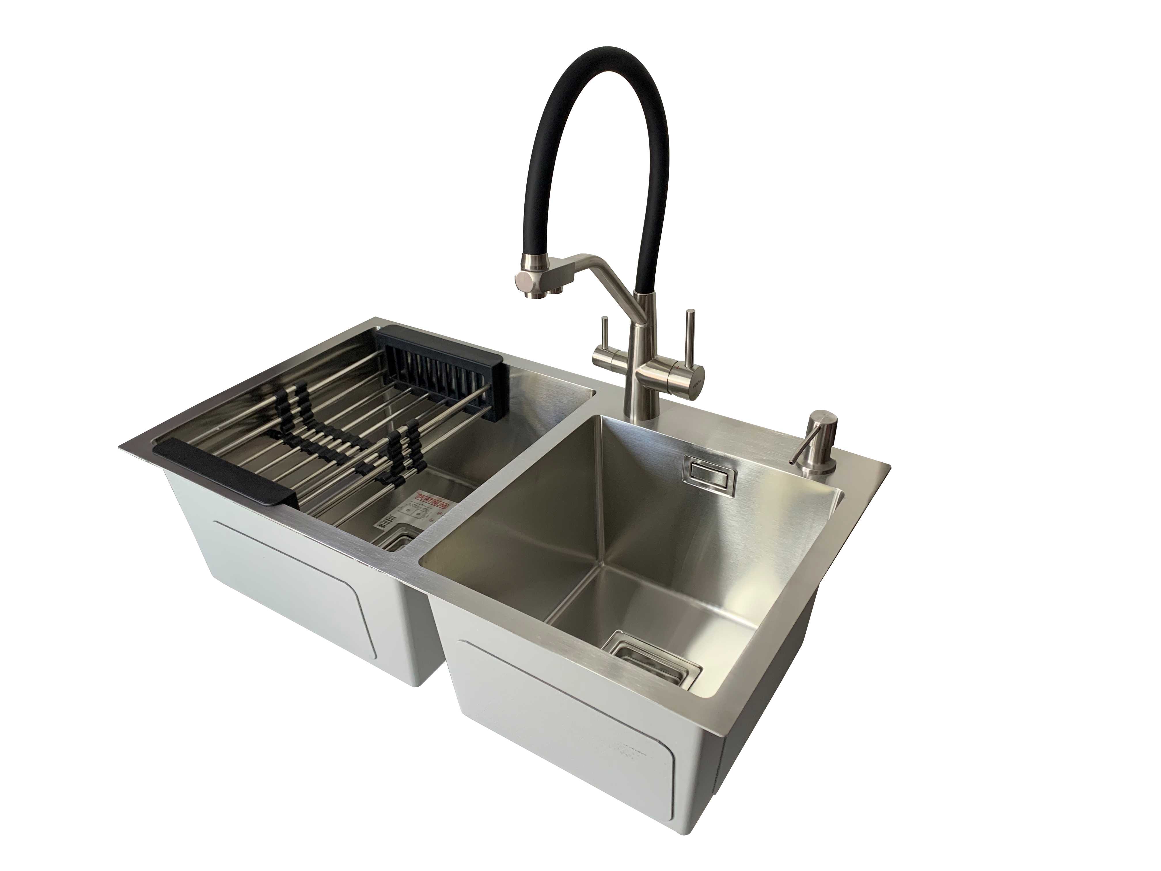 Мойка кухонная Platinum Handmade 78x43 см две чаши/смеситель/подключение к фильтру/дозатор/корзинка (3bcc4d2d)