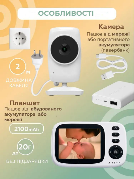 Видеоняня с дисплеем 3,2" камера/ночное видение/двухсторонний звук/датчик температуры/аккумулятор (540942604) - фото 7
