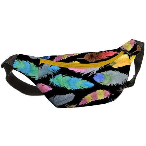 Сумка-бананка через плечо и на пояс Presentville Bumbag Цветные перья на черном фоне 27х16 см (BB_18J050_ZHL_BL)