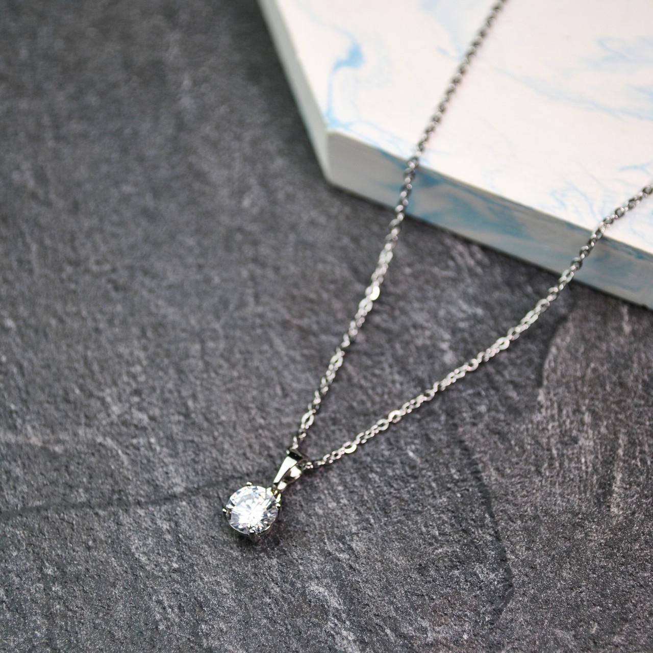 Кулон фианит 7 мм на цепочке медицинская сталь родий (x214-1)