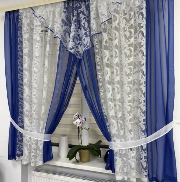 Комплект штор на кухню шифон/органза 400х170 см Синий (445) - фото 2 Комплект штор на кухню шифон/органза 400х170 см Синий (445) - фото 2