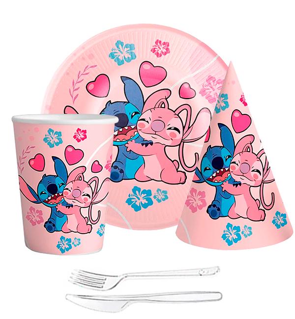 Набор одноразовой посуды Стич и Энджел на 10 персон розовый (10719)