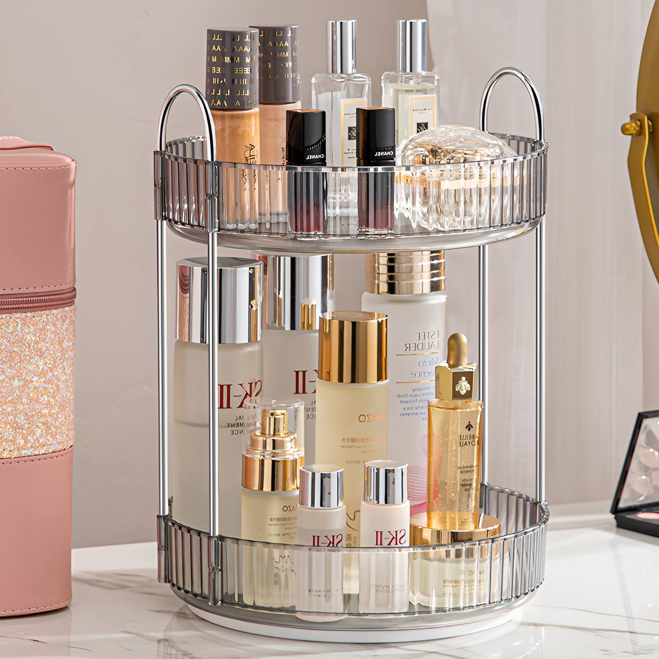 Органайзер для косметики пластиковый 2 яруса вращается на 360° Серый