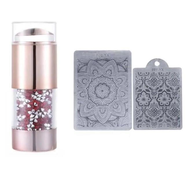 Штамп для стемпінгу зі стразами та 2 пластини Червоний/Сріблясті (1830473987)