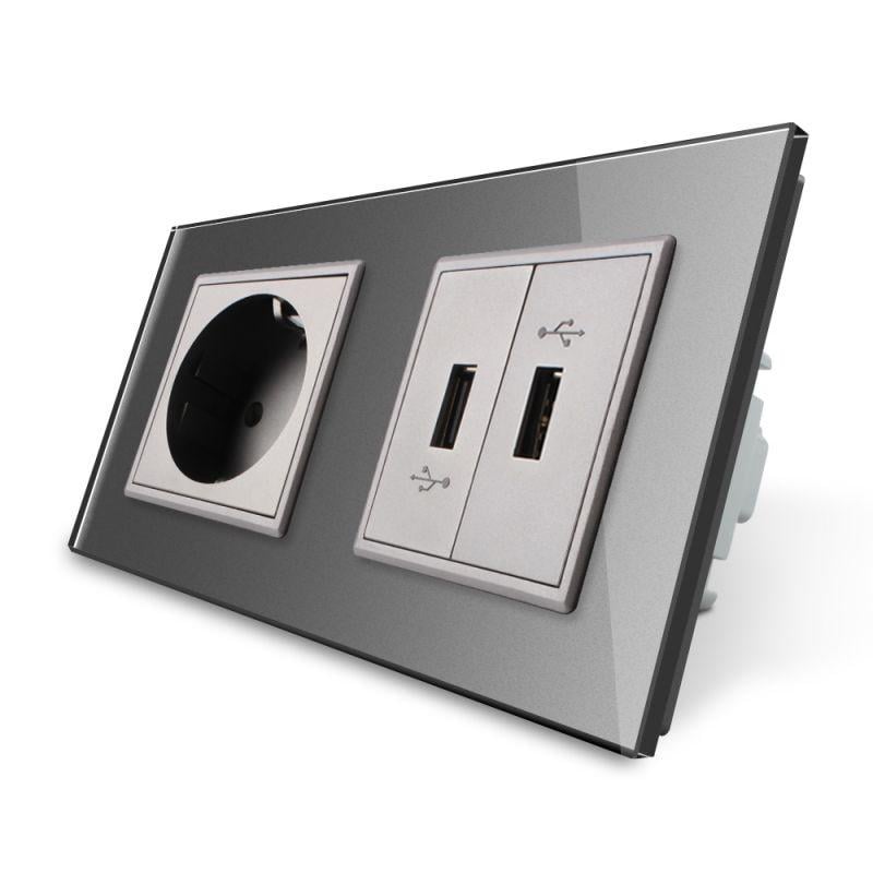 Розетка із заземленням LIVOLO з 2 USB розетками Скляний-сірий (VL-C7C1EU2USB-15)