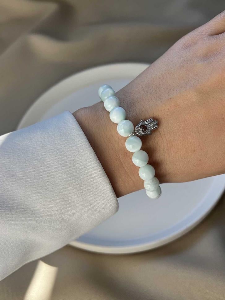 Браслет оберіг із натурального ангелита з рукою Фатіми (4781) Браслет оберіг із натурального ангелита з рукою Фатіми (4781)