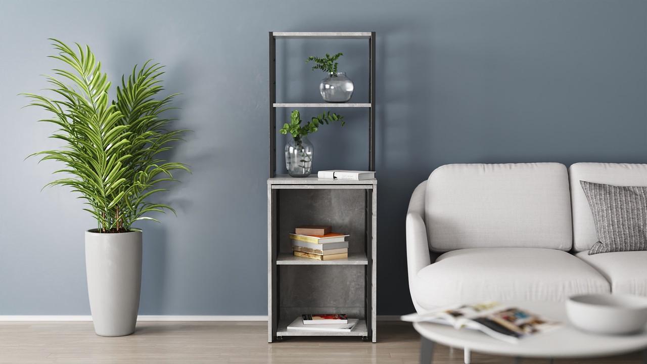 Стіл-тумба трансформер Ferrum-decor Смарт 3/2 з етажеркою метал/ДСП 16 мм 1430x1450x600 мм Чорний/Бетон (FRD-105122) - фото 2