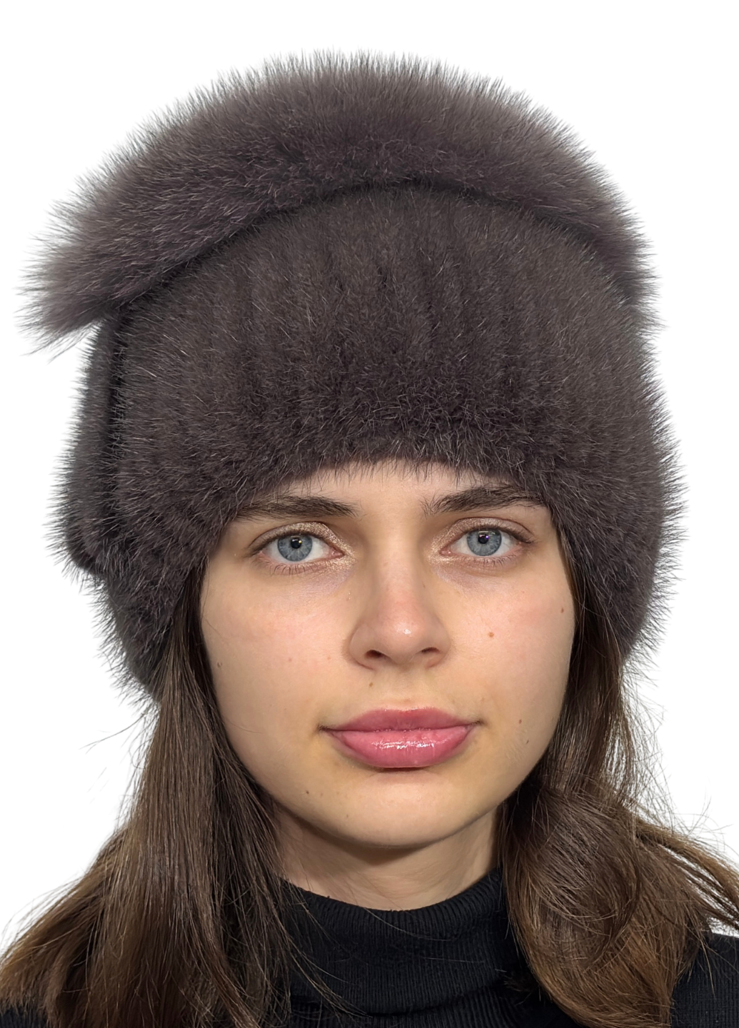 Женская шапка из вязаной норки Меховой стиль Спираль с помпоном натуральный мех Кофе (118/G)