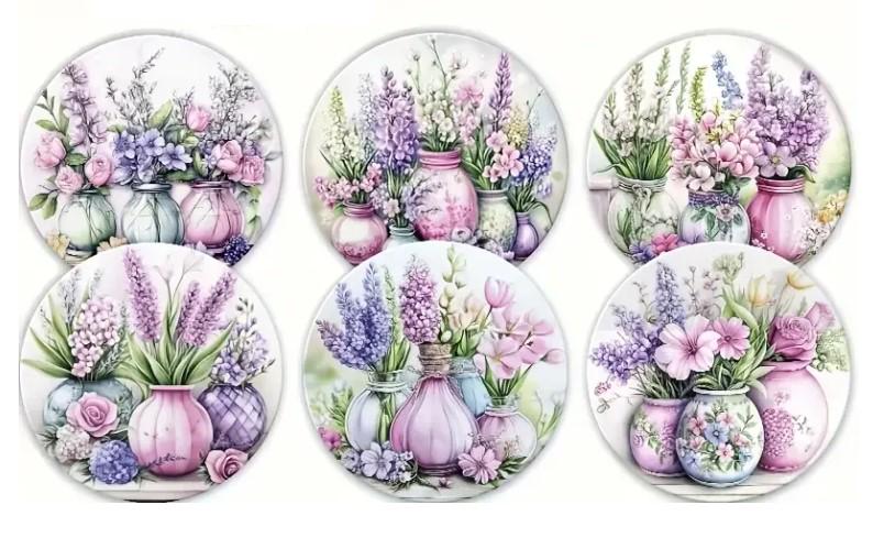 Набор деревянных подставок под чашки Цветы в вазах 6 шт.