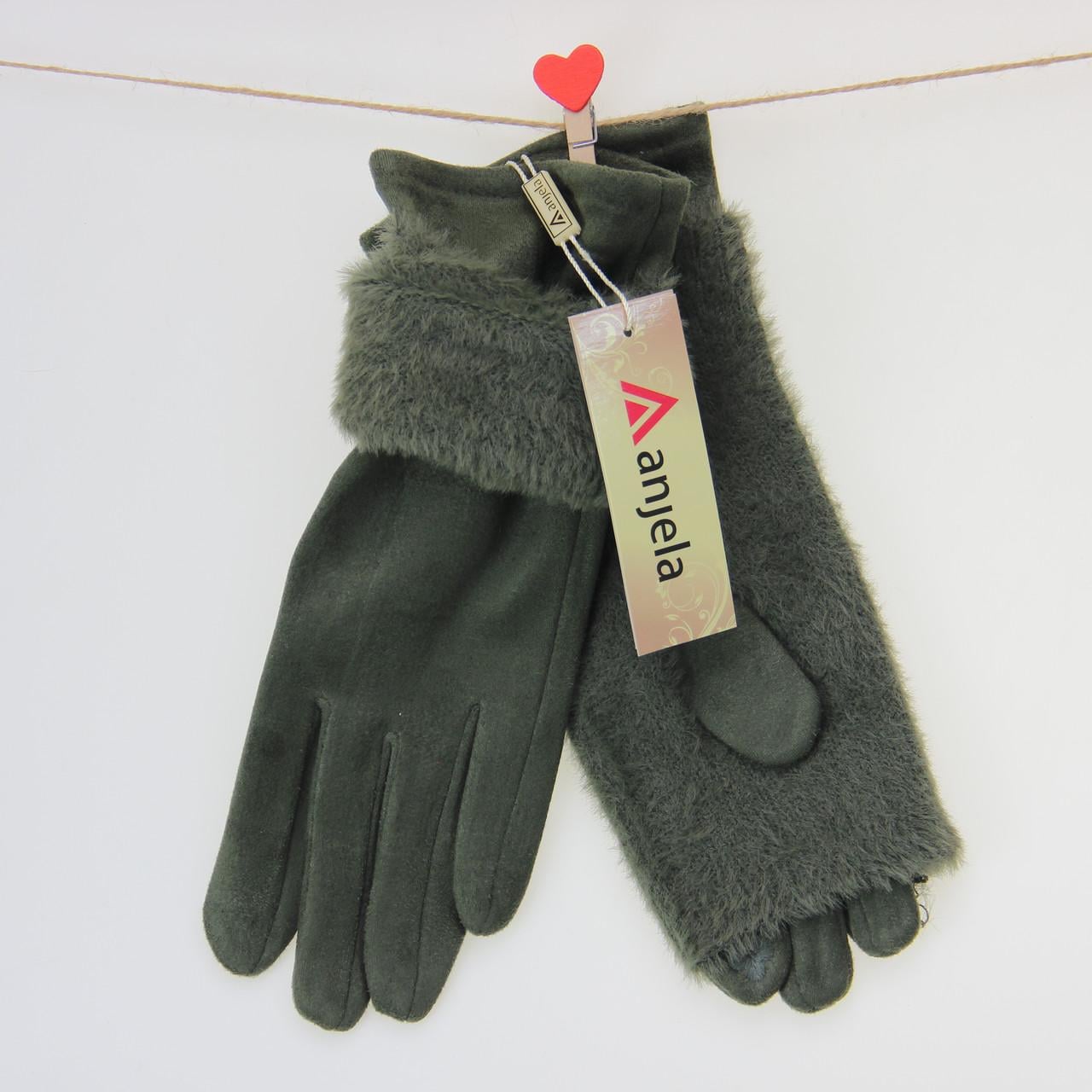 Перчатки женские Травка сенсорные велюровая с накидным верхом S-М Зеленый (33870)