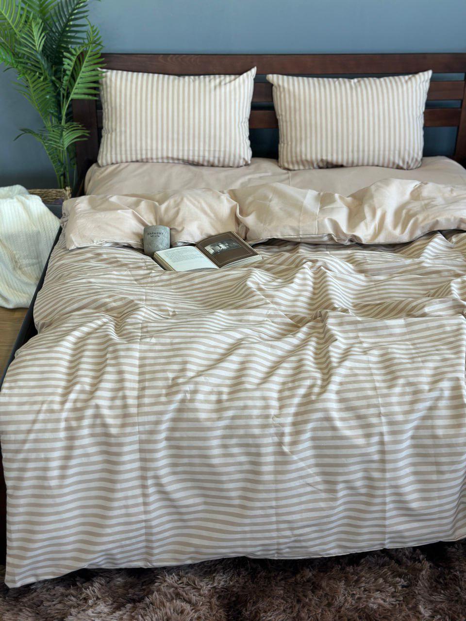 Комплект постільної білизни в смужку простирадло на резинці двоспальний 160x200х20/70х70 см Бежевий (25826674) - фото 2