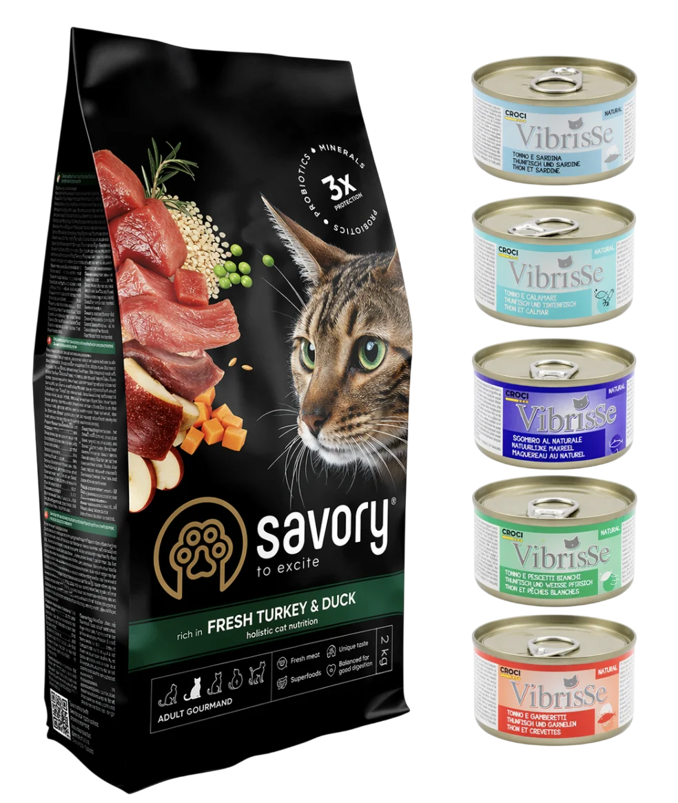 Набор корма для кошек для прихотливых котов Savory с индейкой и уткой 2 кг и консервы Vibrisse 5 шт. по 70 г (4820232630051)