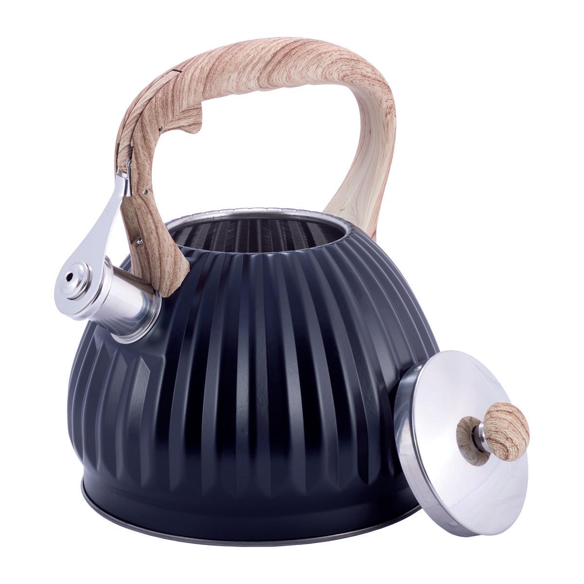 Чайник со свистком Kamille KM-1076 из нержавеющей стали и нейлоновой ручкой под дерево 3 л Черный (150-84-1076) - фото 4