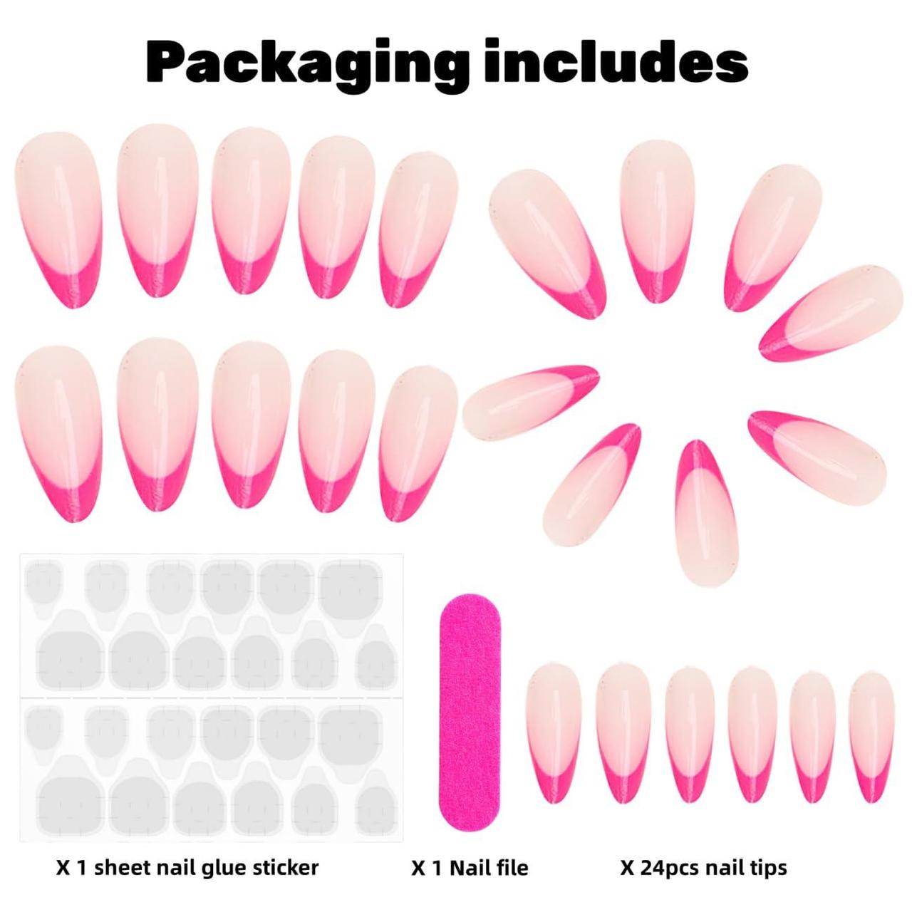 Накладні нігті нюдовий френч мигдаль із клейовими пластинами 24 шт. Рожево-червоний - фото 8