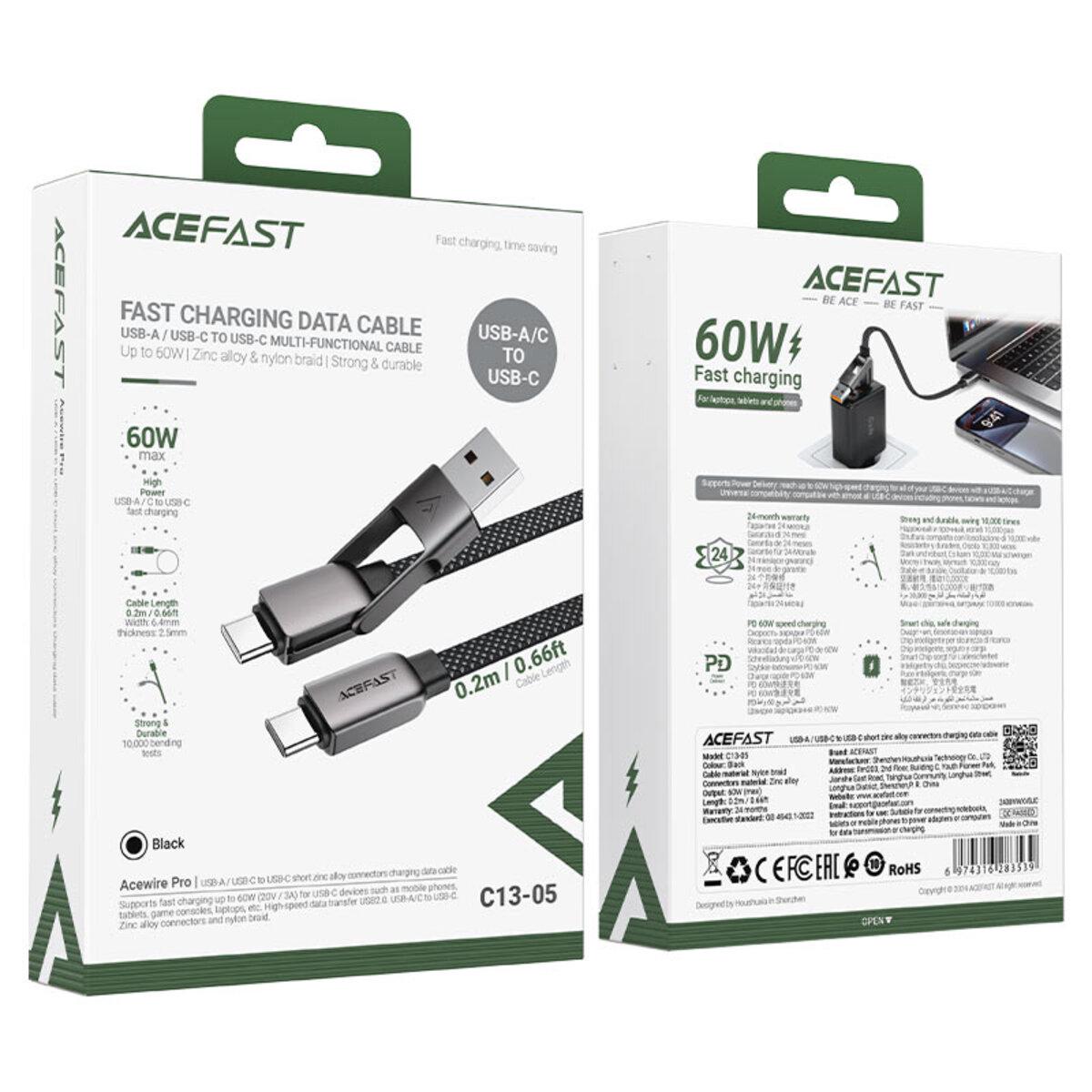 Кабель Acefast C13-05 USB/USB-C-USB-C 3A/60W/ Nylon/Zinc Connectors 0,2 м Black (6974316283539) - фото 5