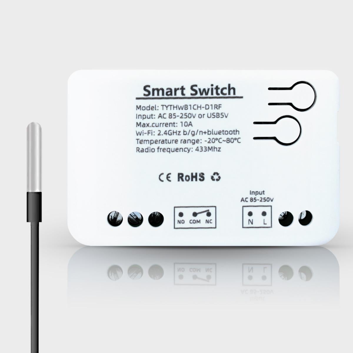 Реле одноканальное Wi-Fi с сухим контактом и влагозащищенным датчиком температуры Tuya (AC 85-250V)