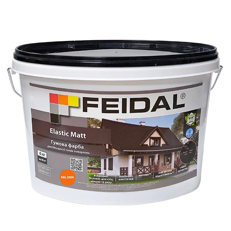 Краска резиновая Feidal Elastic Matt матовая поверхность и защита от трещин 6 кг Ral 2004 Оранжевый - фото 1 Краска резиновая Feidal Elastic Matt матовая поверхность и защита от трещин 6 кг Ral 2004 Оранжевый - фото 1