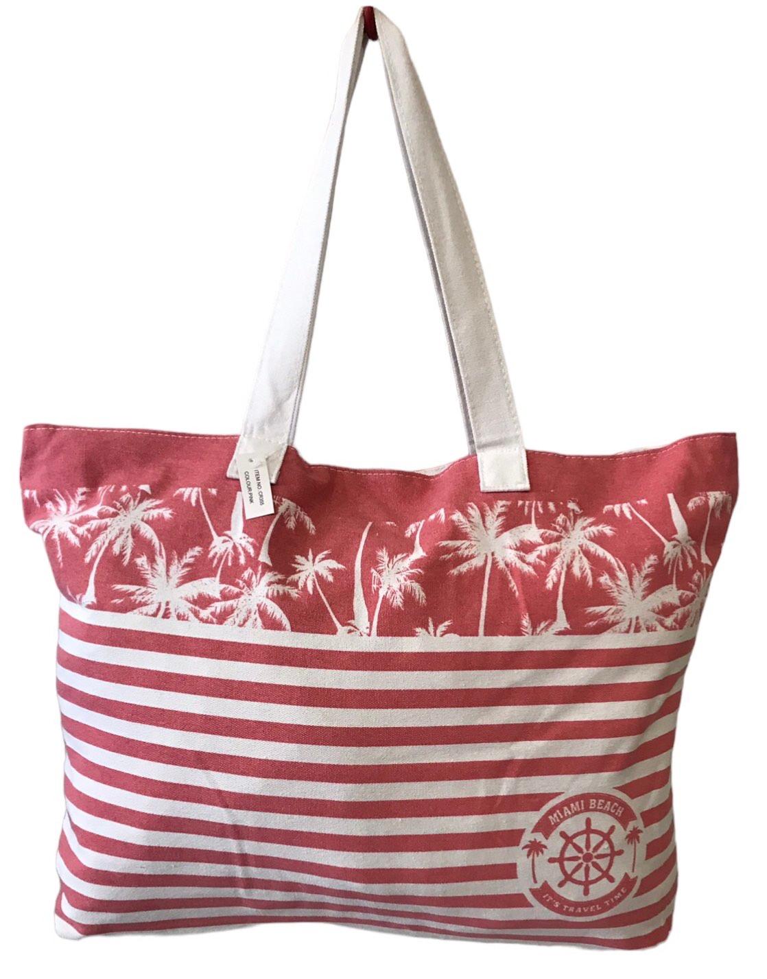 Сумка пляжная женская летняя из ткани на молнии с полосами Розово-белый (CR355)