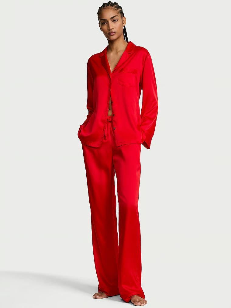 Пижама сатиновая Victoria's Secret Signature Satin Long Pajama Set Red Regular XS Красный (27178691D)