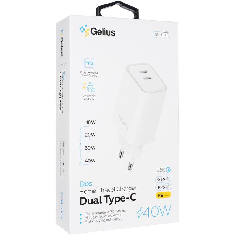 Зарядний пристрій мережевий Gelius Dos GP-HC062 40W 2Type-C White (99740) - фото 8 Зарядний пристрій мережевий Gelius Dos GP-HC062 40W 2Type-C White (99740) - фото 8