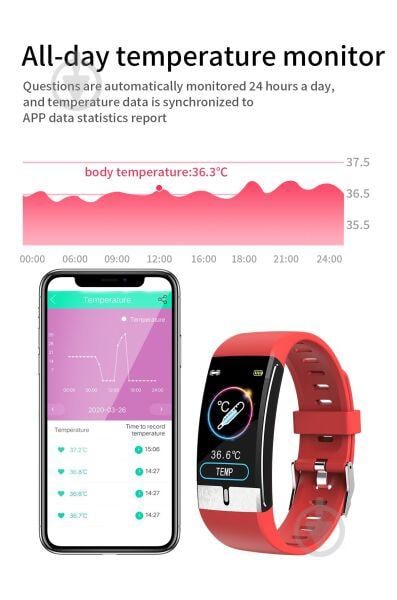 Фітнес браслет Smart Band ET66 Термометр + Тонометр + ЕКГ Червоний - фото 5