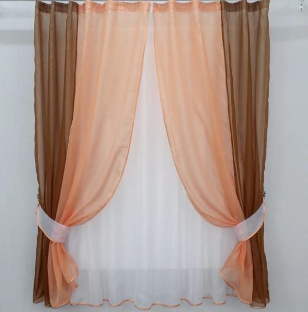 Комплект шторы и тюль шифон 270х170 см Коричневый/Персиковый (038к)