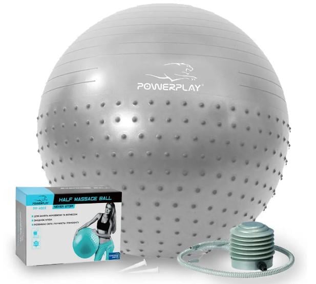 Фитбол для фитнесаполумассажный PowerPlay 4003 Gymball с насосом Ø 65 см Серый (PP_4003_65cm_Light-grey)