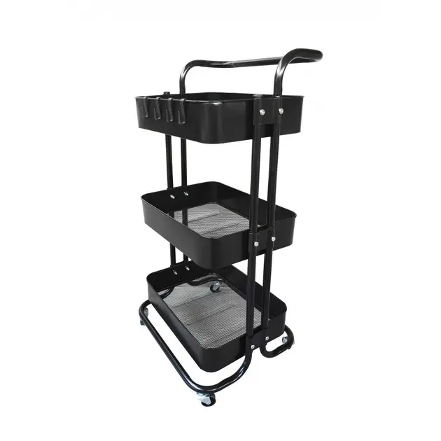 Металлическая полка этажерка на колесах 3 яруса Черный Металлическая полка этажерка на колесах 3 яруса Черный