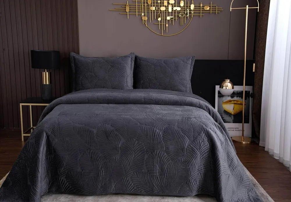 Покривало на ліжко з наволочками євро 210х230/50х70 см Графітовий (Д-vik-velur-pokruvalo-001)