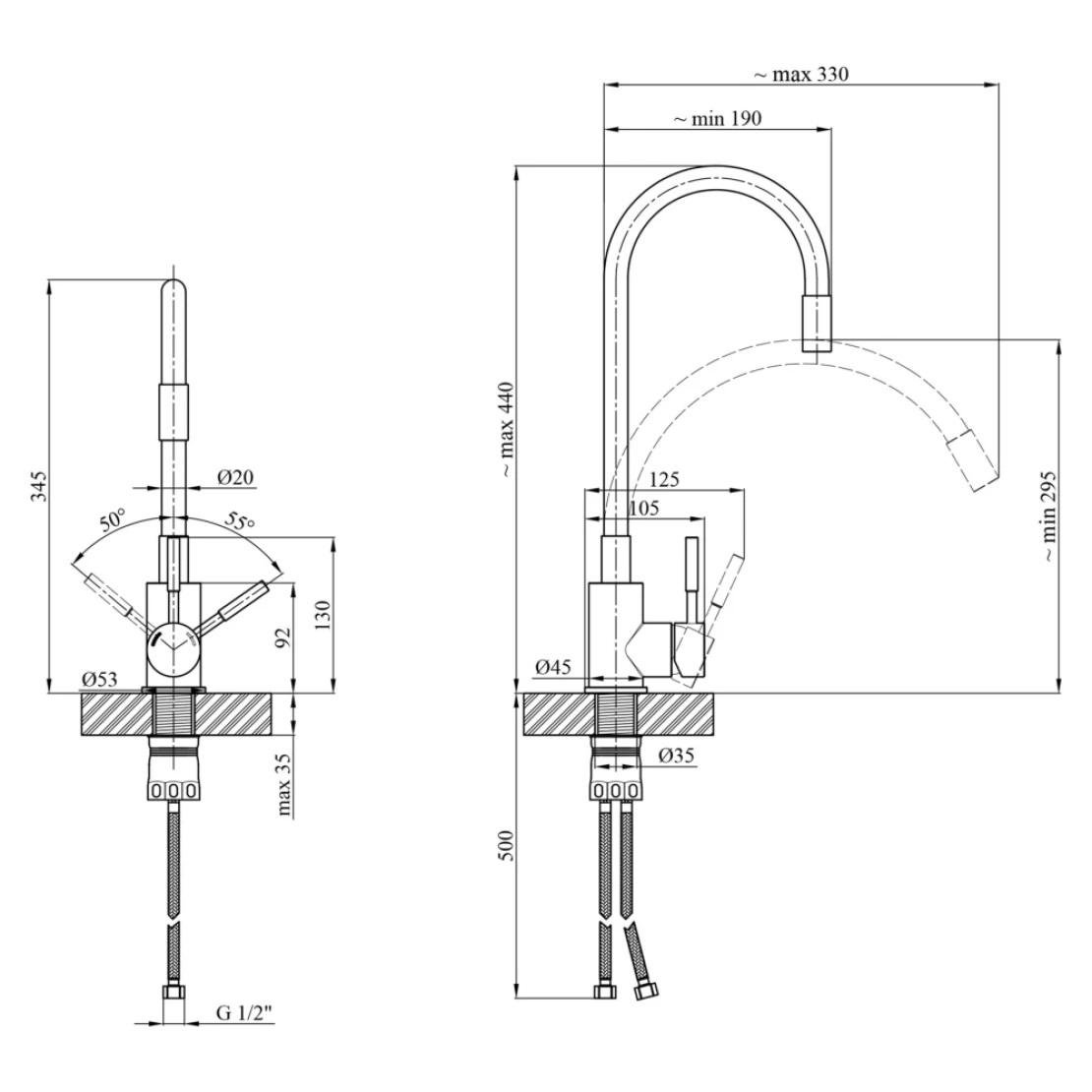 Смеситель для кухни Kraft 3004 PVD с гибким изливом из нержавеющей стали однорычажный с поворотом 360° Графитовый - фото 2