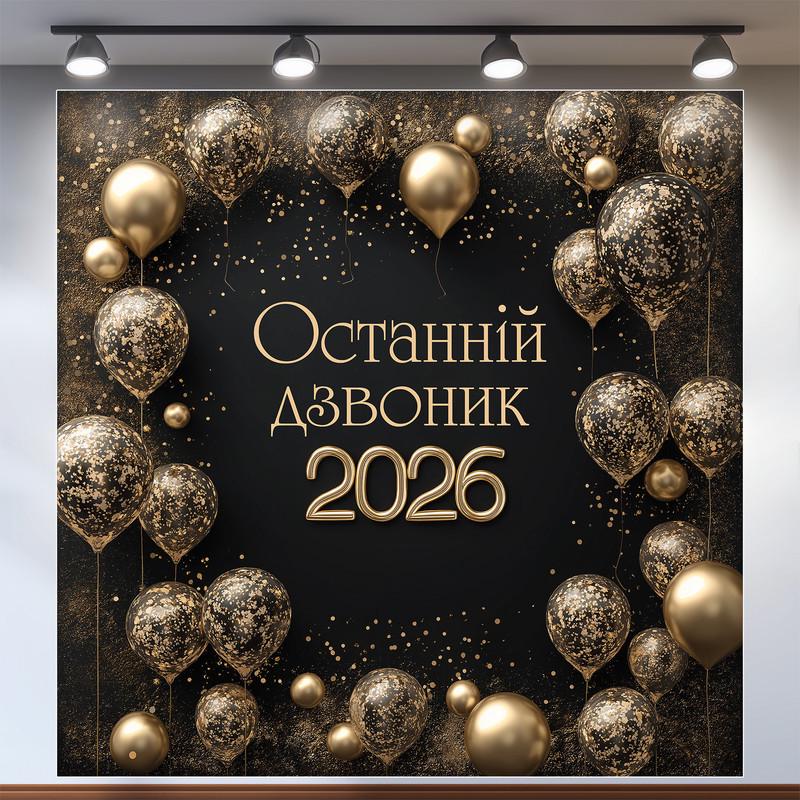 Баннер для фотозоны "Останній дзвоник 2026" черный с золотыми фольгированными шариками фотозона 200x200 см №41070