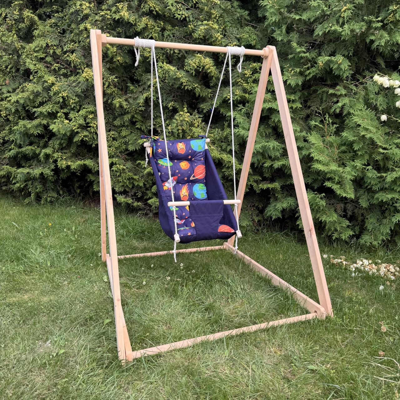 Комплект Деревянная опора и Колыханка из хлопка с космосом Синий (gs-8966)
