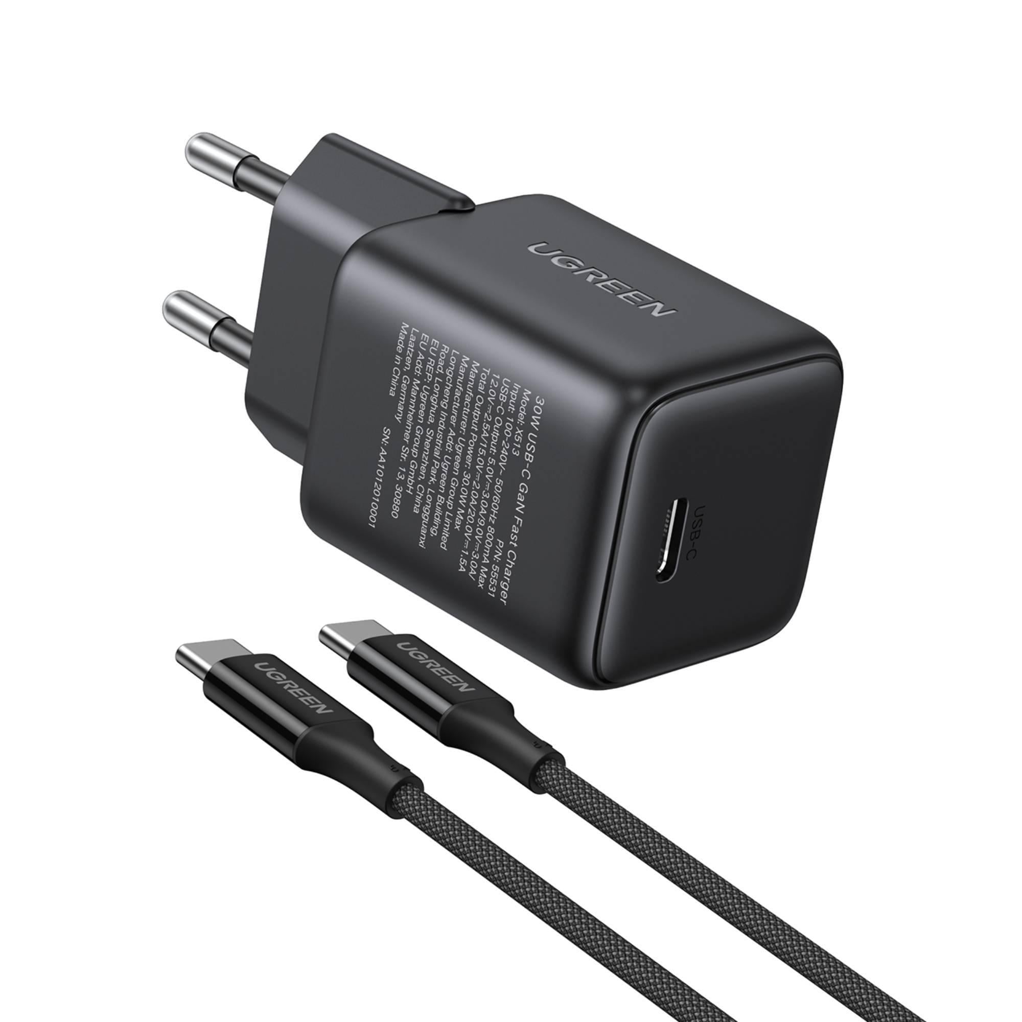 Зарядное устройство сетевое GaN с кабелем UGREEN X513 30 Вт 1 м Черный (65012)