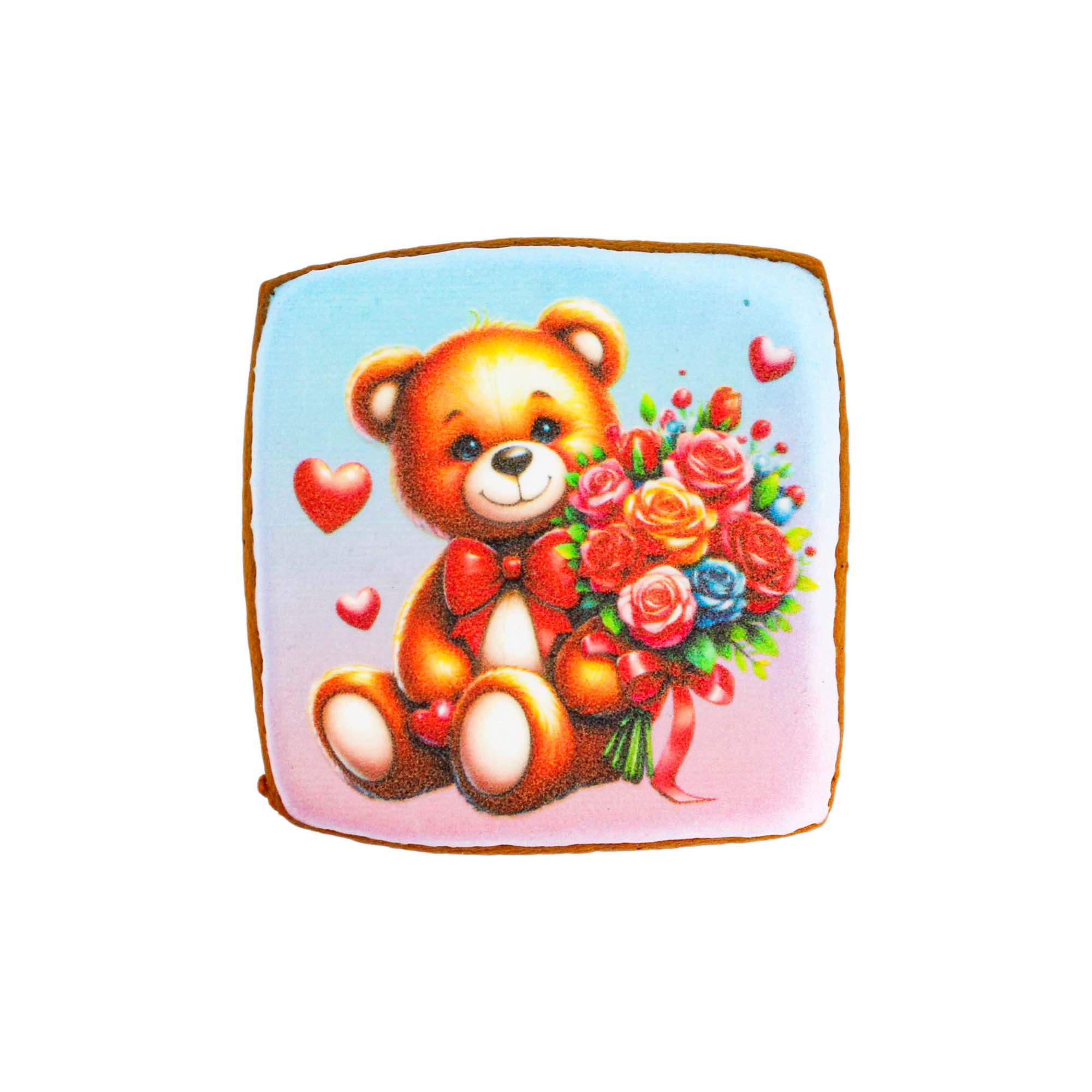 Пряник с принтом Крафт Пряник День святого Валентина "Мишка с букетом" 45г
